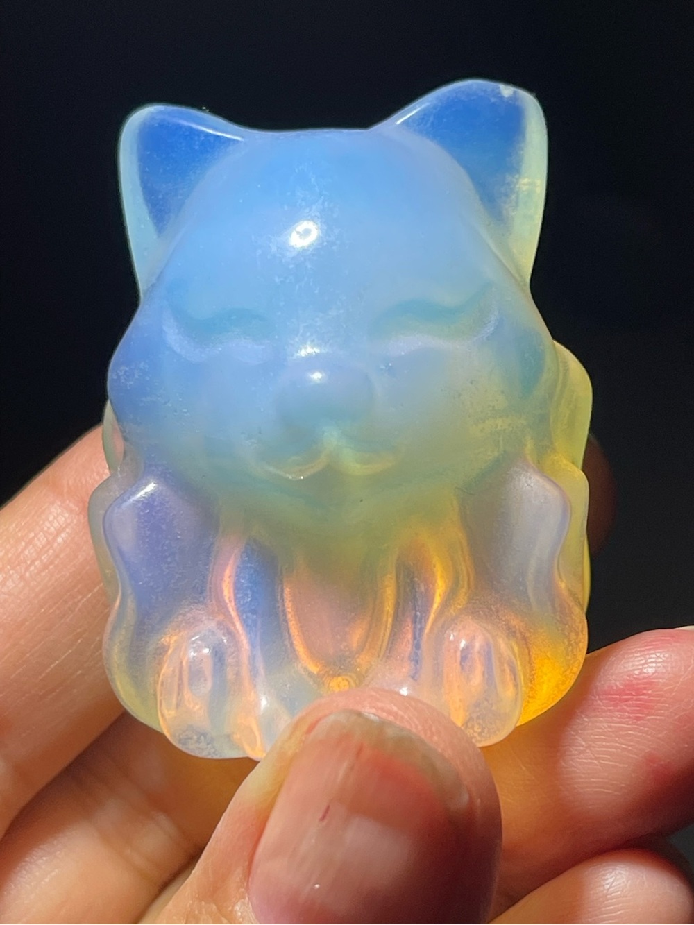Rare Iridescent Opalite Cat Figurine - Blue, Pink to Yellow Glow Gorgeous RARE